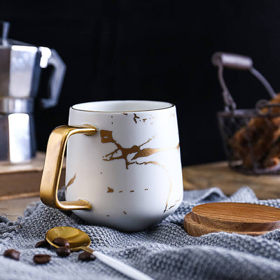 Ceramic White Matte Marble Platter with Gold Inlay + 2 Matching Coffee Mug with Wooden Lid