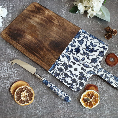 Cheese Board & Knife Set - Indigo Blue Floral