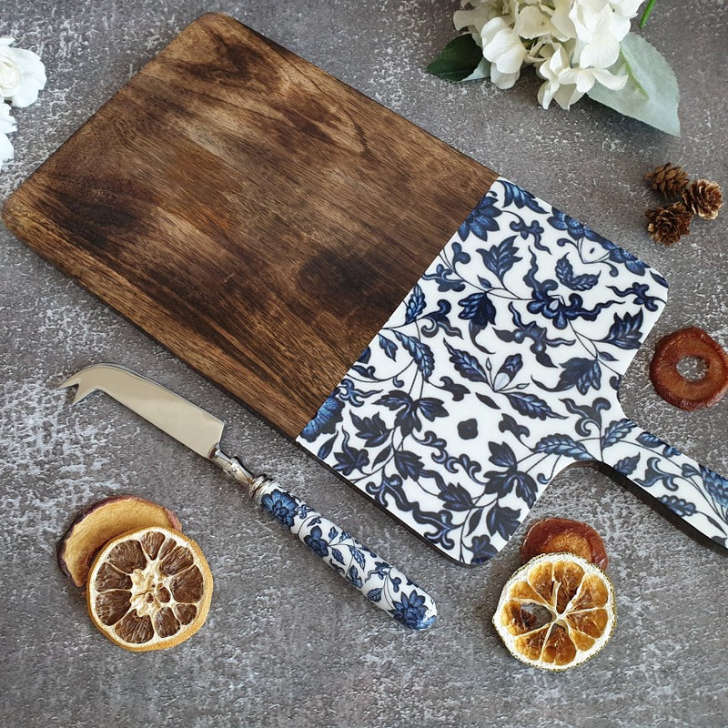 Cheese Board & Knife Set - Indigo Blue Floral