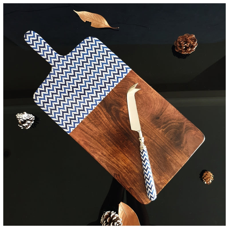 Cheese Board & Knife Set - Chevron White & Blue