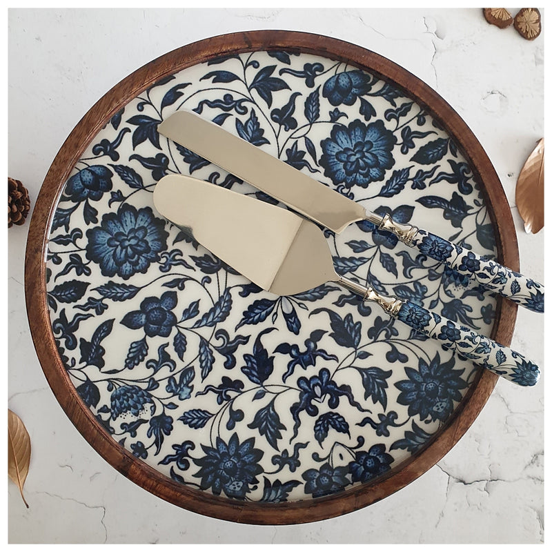 Cake Stand (Flat) with 2 Servers (Large) - Indigo Blue Floral