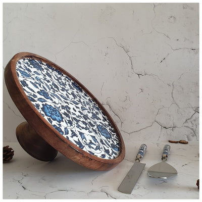 Cake Stand (Flat) with 2 Servers (Large) - Indigo Blue Floral