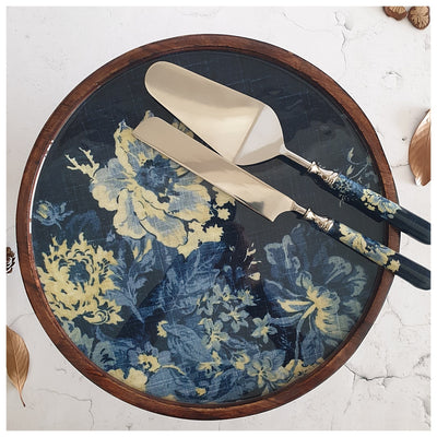 Cake Stand (Flat) with 2 Servers (Large) - Denim Blue Floral