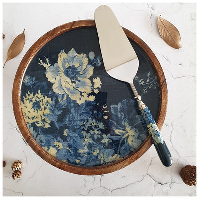 Cake Stand (Flat) with Matching Server (Medium) - Denim Blue Floral