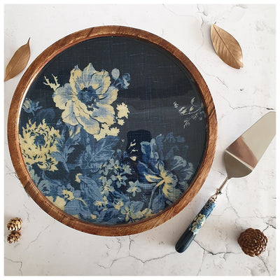 Cake Stand (Flat) with Matching Server (Medium) - Denim Blue Floral