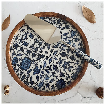 Cake Stand (Flat) with Matching Server (Medium) - Indigo Blue Floral