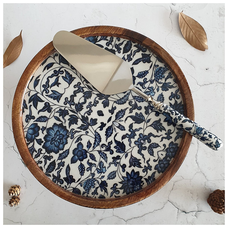 Cake Stand (Flat) with Matching Server (Medium) - Indigo Blue Floral