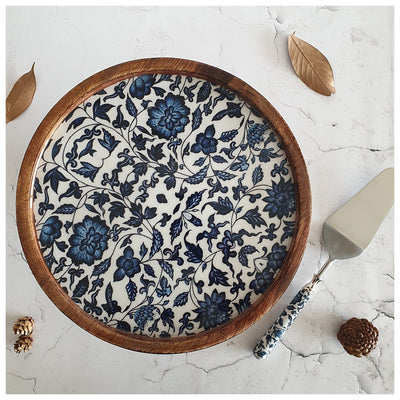 Cake Stand (Flat) with Matching Server (Medium) - Indigo Blue Floral