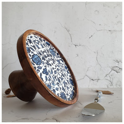 Cake Stand (Flat) with Matching Server (Medium) - Indigo Blue Floral