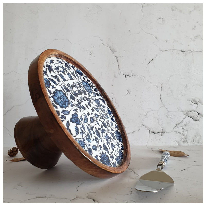 Cake Stand (Flat) with Matching Server (Medium) - Indigo Blue Floral