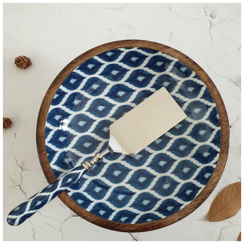 Cake Stand with Matching Server (Small) - Blue & White Ikat