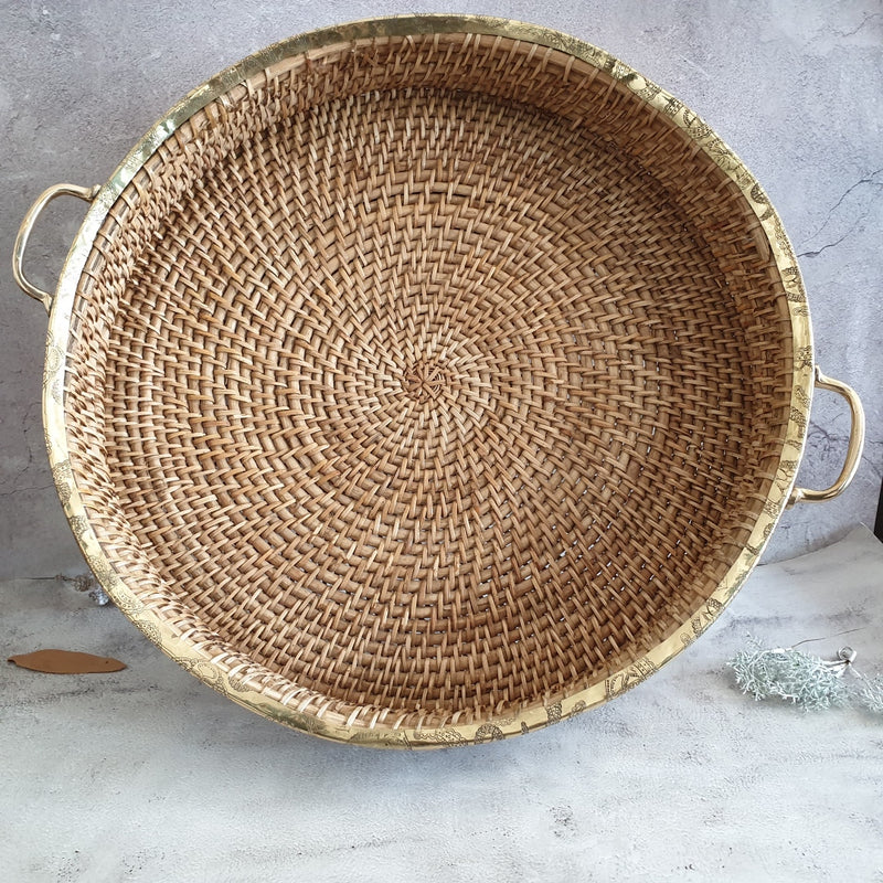 Cane Basket - Brass Rim & Handle Grip - Round - XXL