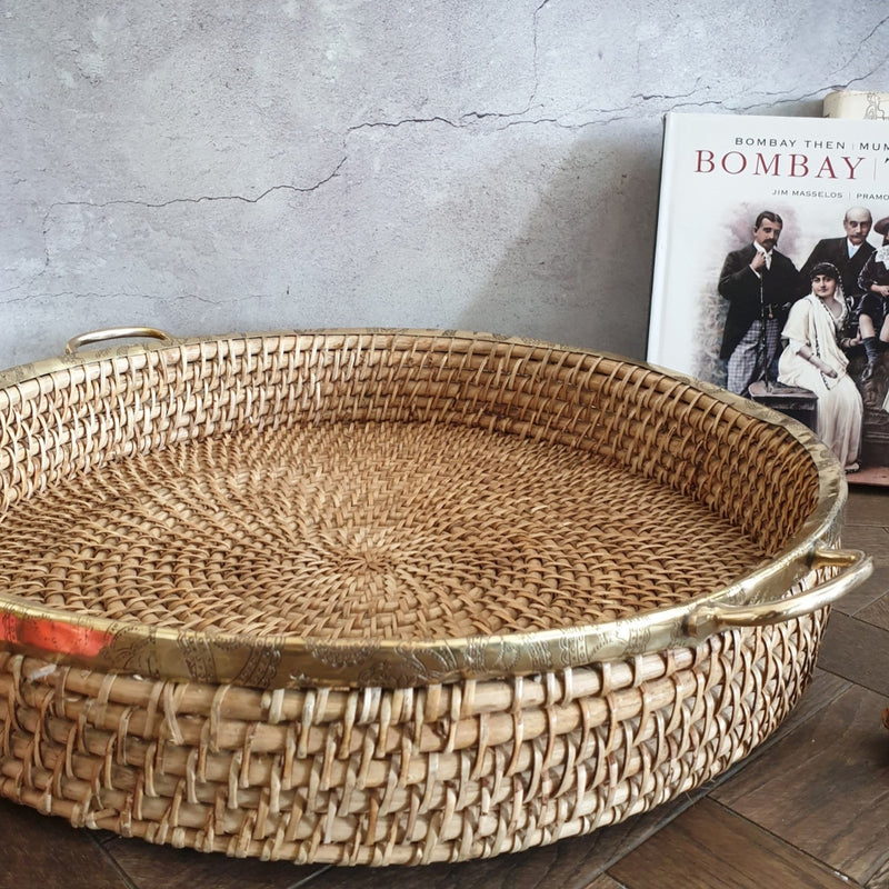 Cane Basket - Brass Rim & Handle Grip - Round - XXL