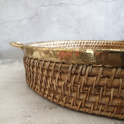 Cane Basket - Brass Rim & Handle Grip - Round - XXL