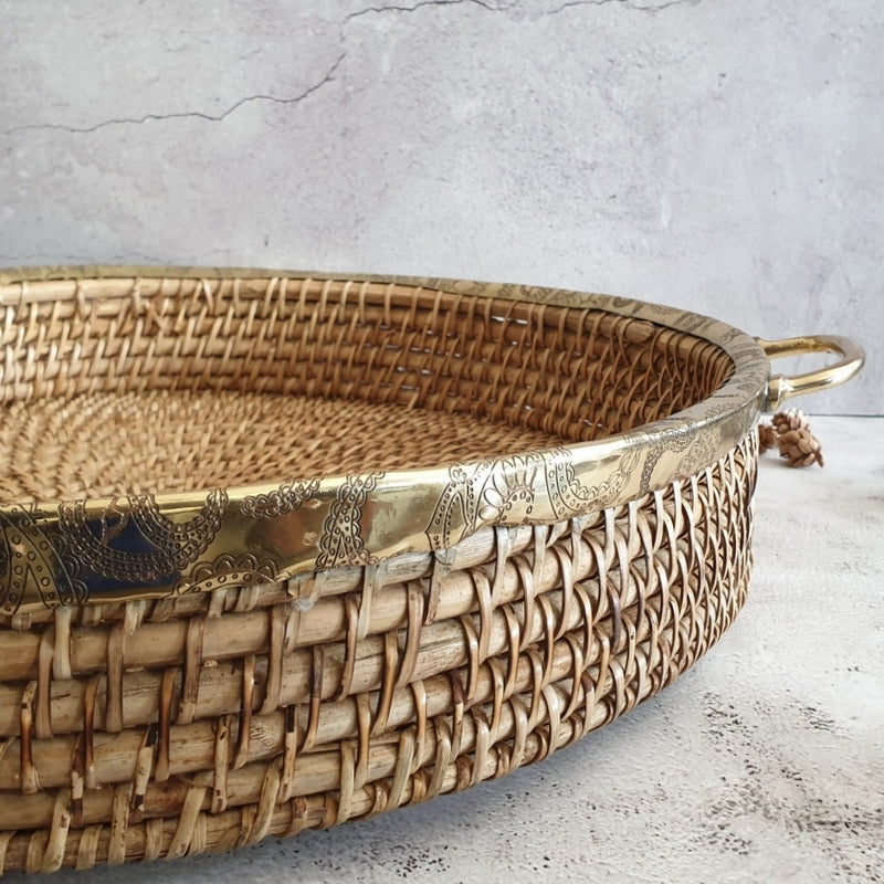 Cane Basket - Brass Rim & Handle Grip - Round - XXL