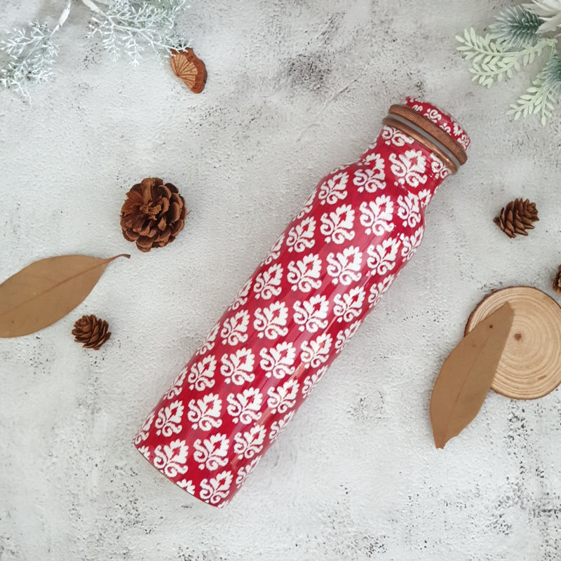 Red & White Ikat Floral Copper Bottle