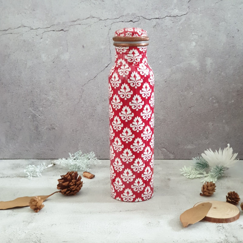 Red & White Ikat Floral Copper Bottle