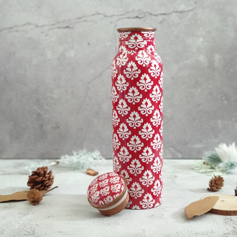 Red & White Ikat Floral Copper Bottle