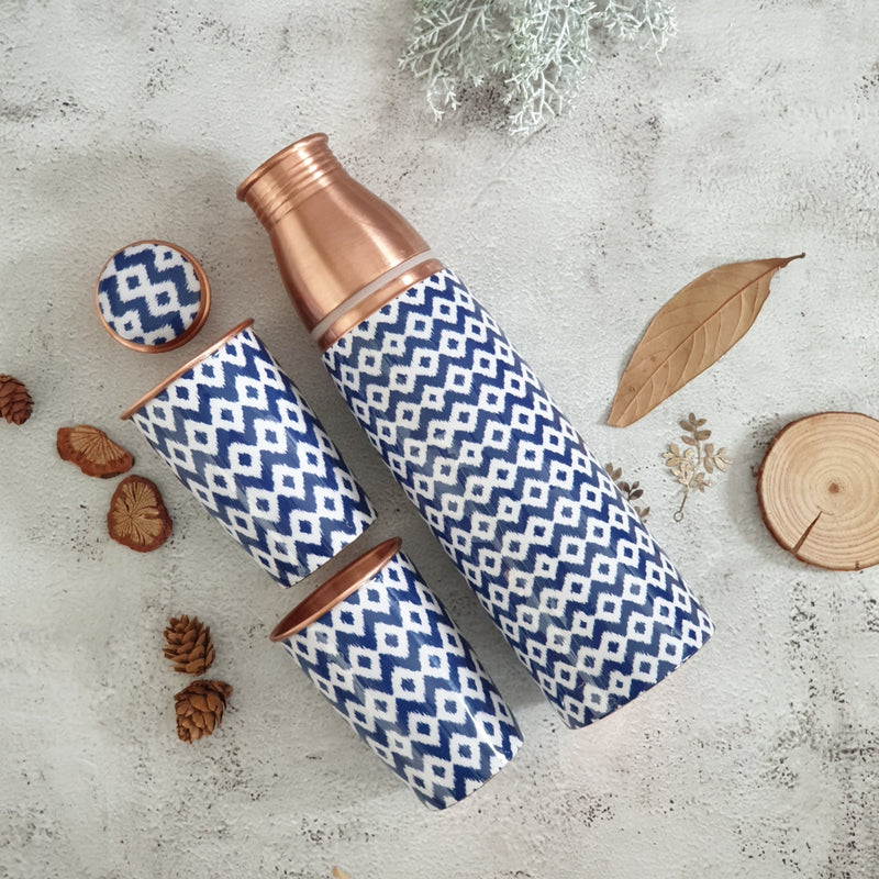 COPPER BOTTLE SET WITH 2 GLASSES, BLUE WAVE