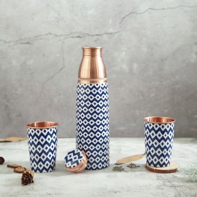 COPPER BOTTLE SET WITH 2 GLASSES, BLUE WAVE