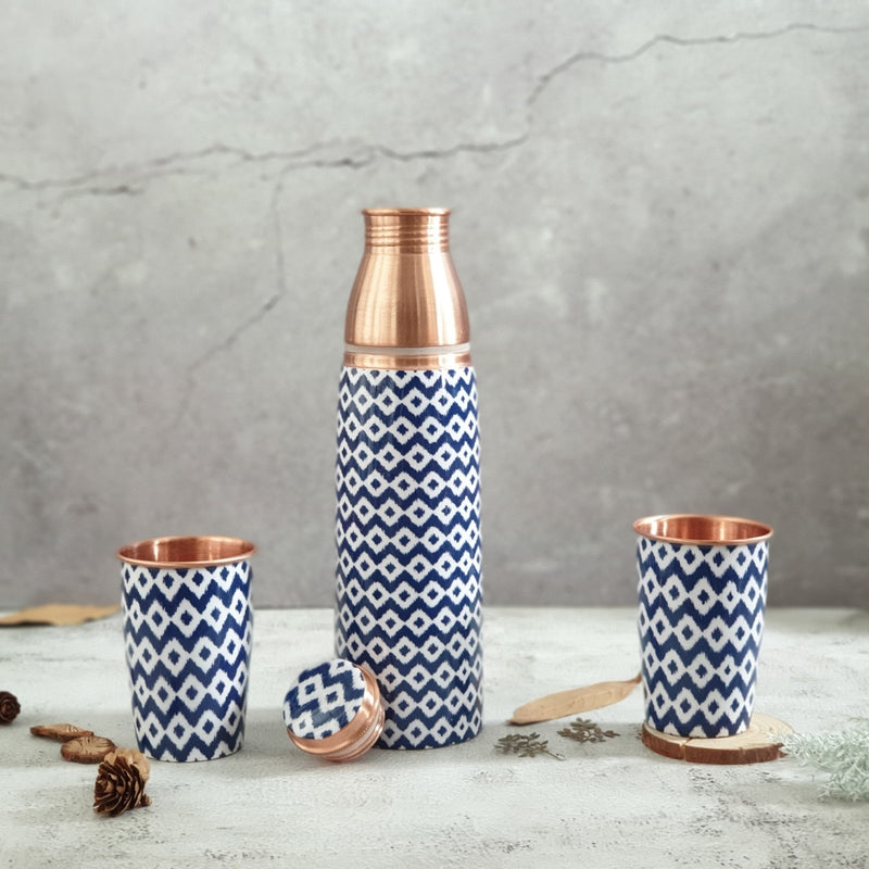 COPPER BOTTLE SET WITH 2 GLASSES, BLUE WAVE