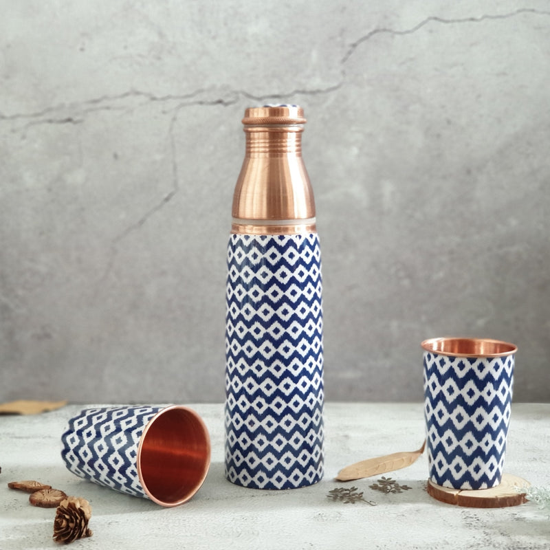 COPPER BOTTLE SET WITH 2 GLASSES, BLUE WAVE