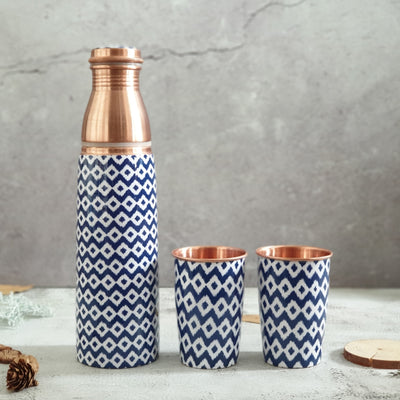 COPPER BOTTLE SET WITH 2 GLASSES, BLUE WAVE