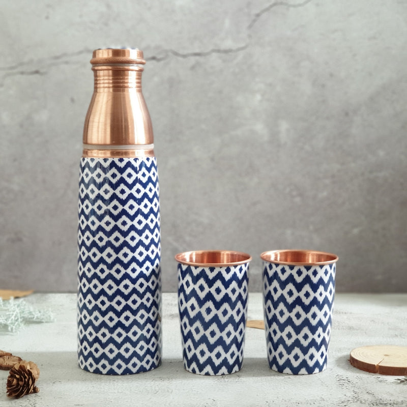 COPPER BOTTLE SET WITH 2 GLASSES, BLUE WAVE