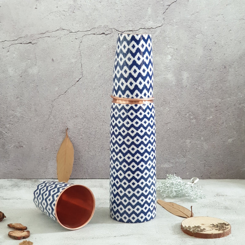 COPPER BOTTLE SET WITH 2 GLASSES, BLUE WAVE