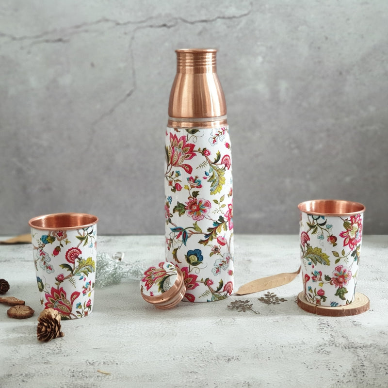 COPPER BOTTLE SET WITH 2 GLASSES, WHITE COUNTRY