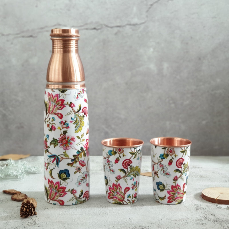 COPPER BOTTLE SET WITH 2 GLASSES, WHITE COUNTRY