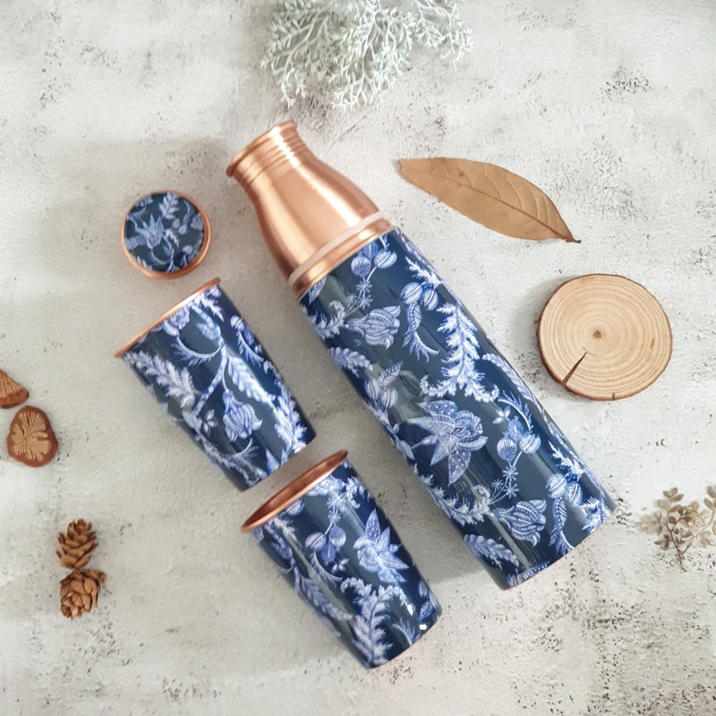 COPPER BOTTLE SET WITH 2 GLASSES, BLUE KNIGHT