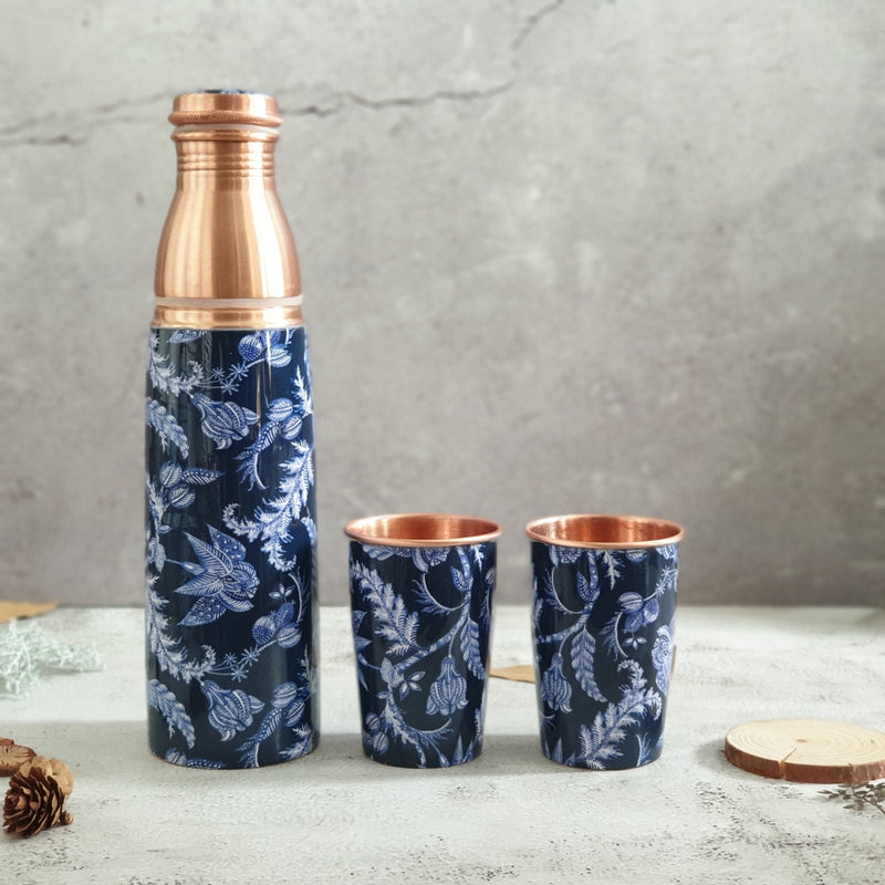 COPPER BOTTLE SET WITH 2 GLASSES, BLUE KNIGHT