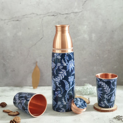 COPPER BOTTLE SET WITH 2 GLASSES, BLUE KNIGHT