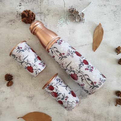 COPPER BOTTLE SET WITH 2 GLASSES, GRAY & RED FLORAL
