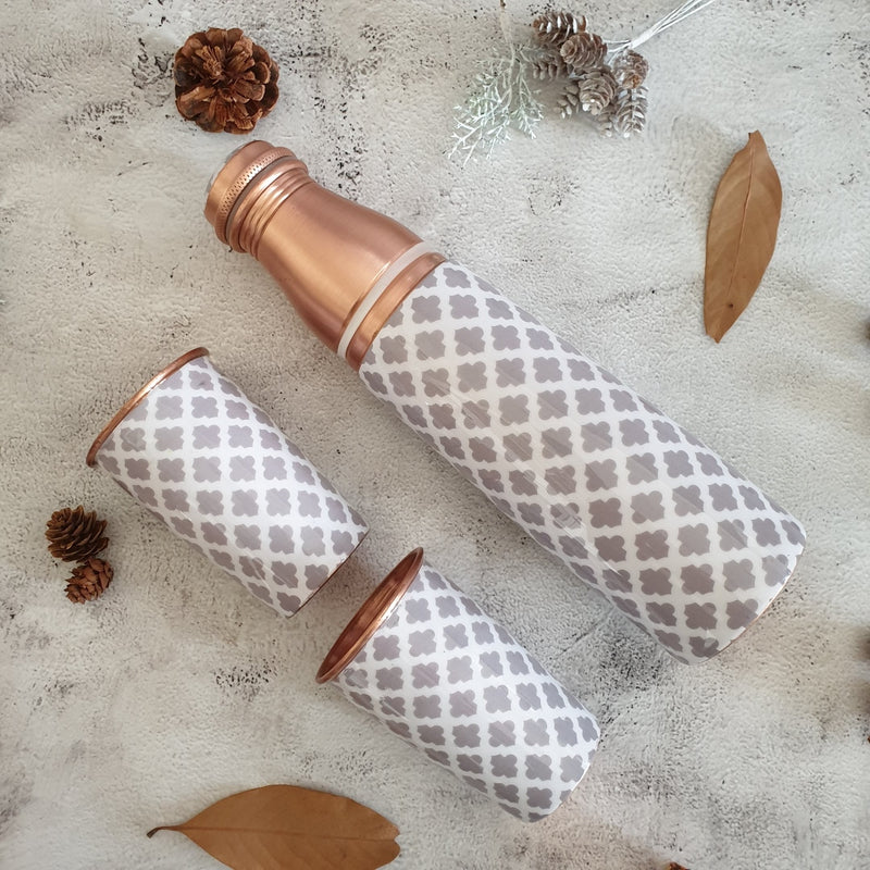COPPER BOTTLE SET WITH 2 GLASSES, MOROCCAN GRAY