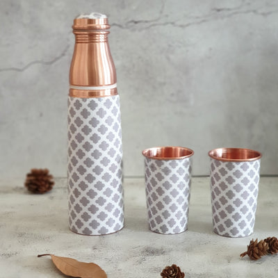 COPPER BOTTLE SET WITH 2 GLASSES, MOROCCAN GRAY