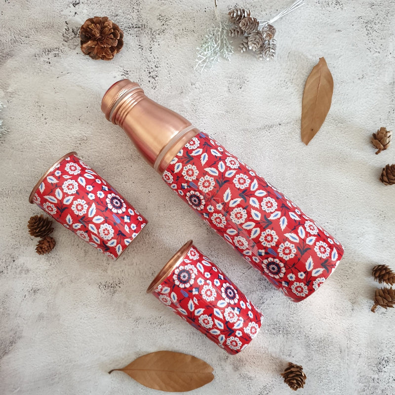 COPPER BOTTLE SET WITH 2 GLASSES, RED PEONY