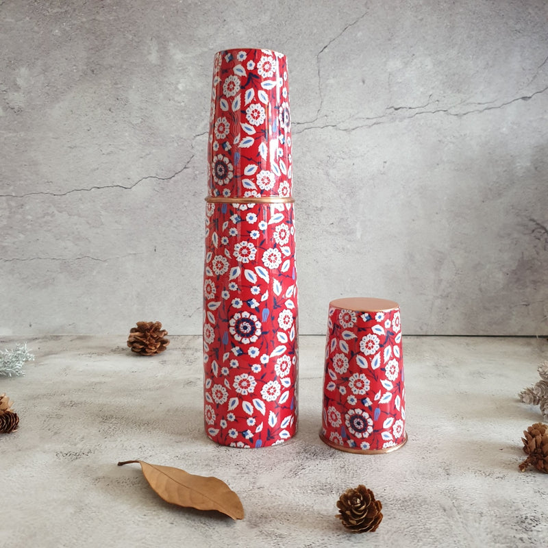 COPPER BOTTLE SET WITH 2 GLASSES, RED PEONY