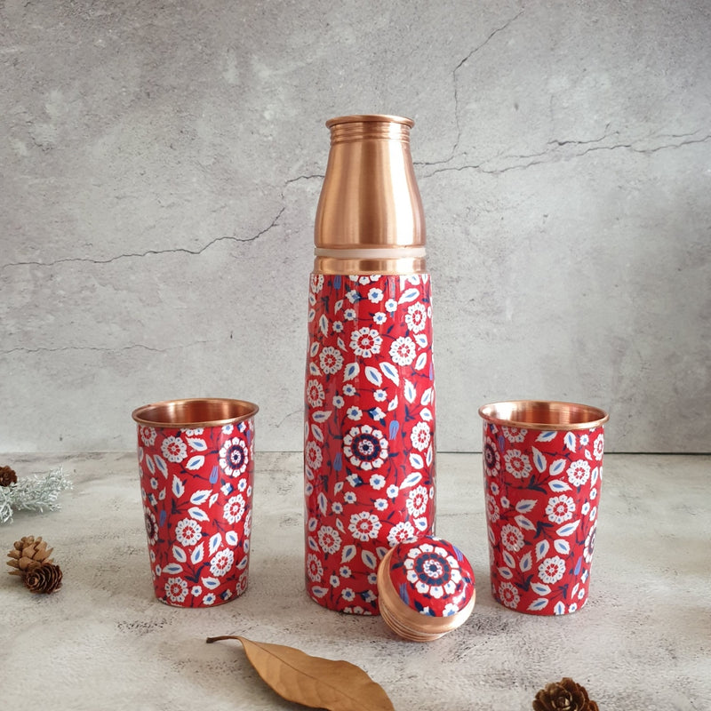 COPPER BOTTLE SET WITH 2 GLASSES, RED PEONY