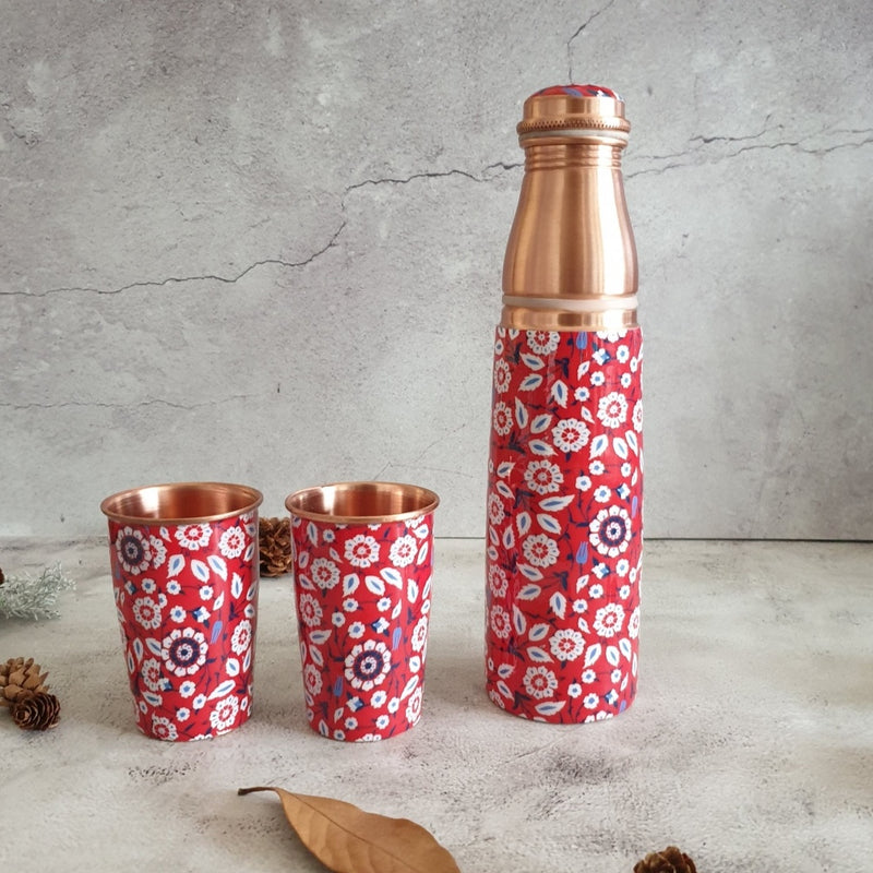 COPPER BOTTLE SET WITH 2 GLASSES, RED PEONY