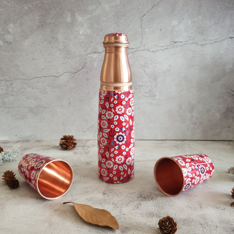 COPPER BOTTLE SET WITH 2 GLASSES, RED PEONY