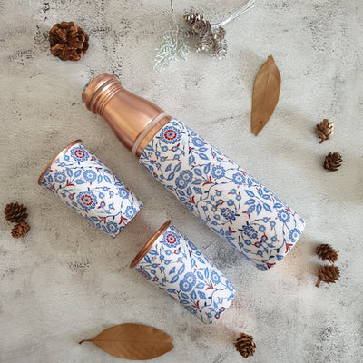 COPPER BOTTLE SET WITH 2 GLASSES, WHITE PEONY