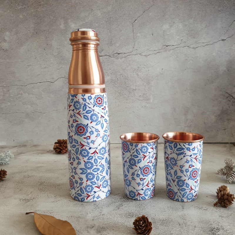 COPPER BOTTLE SET WITH 2 GLASSES, WHITE PEONY