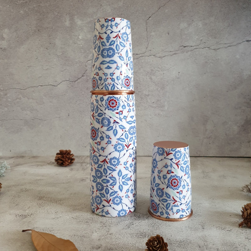 COPPER BOTTLE SET WITH 2 GLASSES, WHITE PEONY