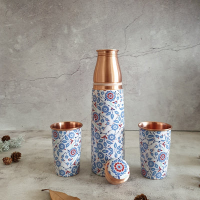 COPPER BOTTLE SET WITH 2 GLASSES, WHITE PEONY