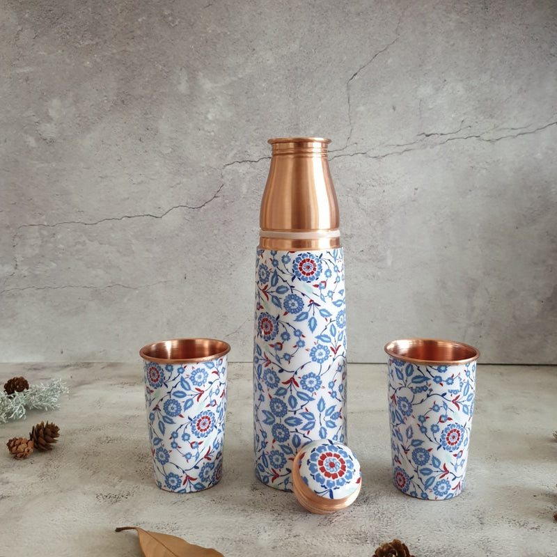 COPPER BOTTLE SET WITH 2 GLASSES, WHITE PEONY