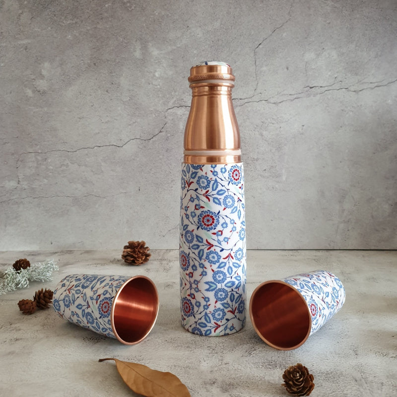 COPPER BOTTLE SET WITH 2 GLASSES, WHITE PEONY