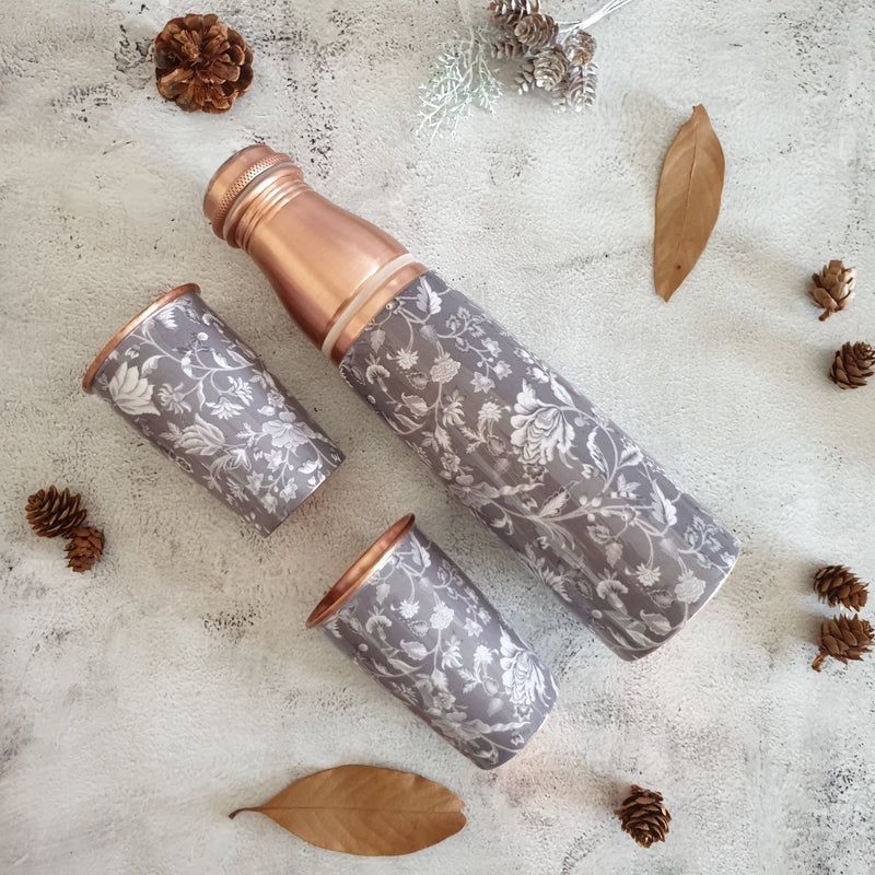 COPPER BOTTLE SET WITH 2 GLASSES, FLORAL RADIANCE