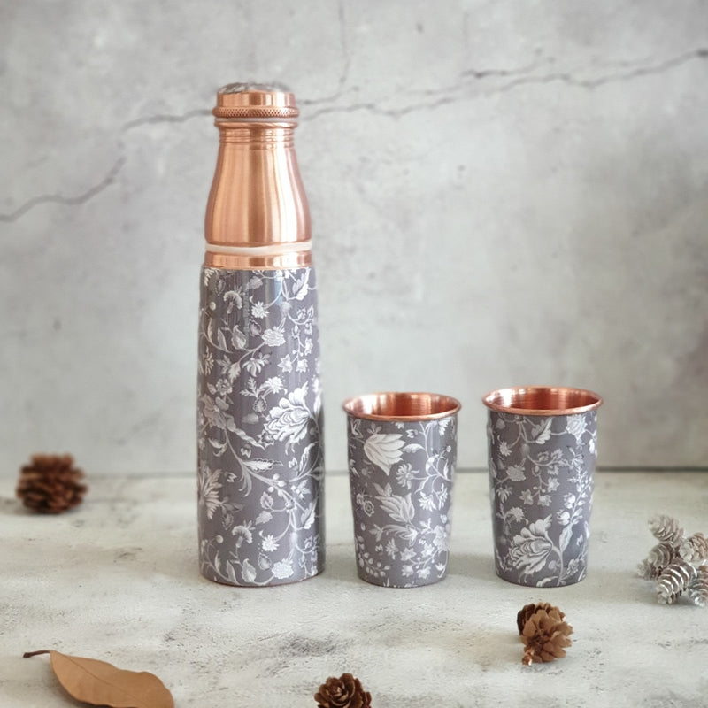 COPPER BOTTLE SET WITH 2 GLASSES, FLORAL RADIANCE